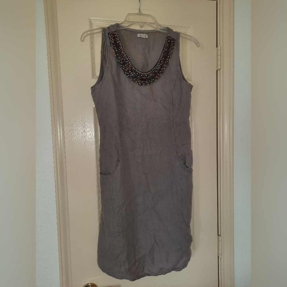 Lagenlook coastal chic boho Lina Tomei Womens small Gray Linen Stretch Beaded